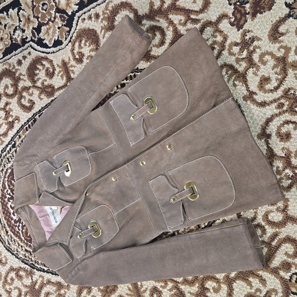 Irving Posluns 1970s Suede Coat Leather Jacket with Gold Hardware 70s Retro Fall - Picture 8 of 16